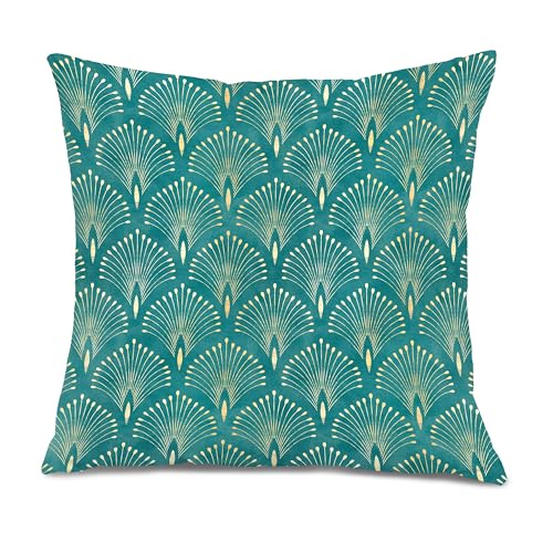 Turquoise Green and Gold Art Deco Abstract Pillow Covers 18x18, Art Nouveau Decor, Boho Modern Aesthetic Fanshaped Decorative Throw Pillow Covers for Bedroom Living Room Home - color: Colour 11