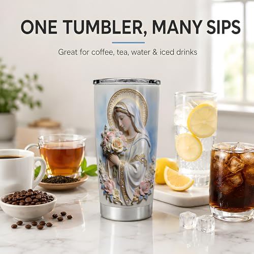 Virgin Mary Floral Bouquet Art 20oz Tumbler, Virgin Mary Tumbler for Daily Drinkware, Blue Halo Statue Illustration, Catholic Devotional Cup, Religious Design for Women Men Church Use - color: Virgin Mary 4