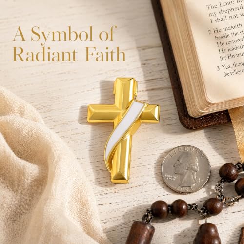 Clergy Gold Cross Lapel Pin with Enamel Ribbon, Christian Religious Brooch Badge, Suit Collar Accessory Faith Gift for Church Staff Believers - color: White