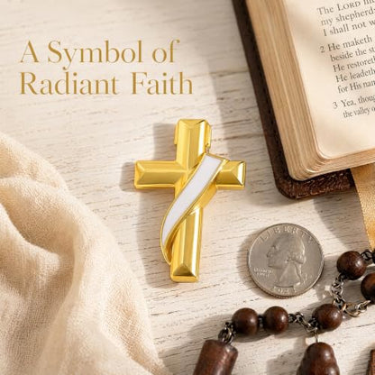Clergy Gold Cross Lapel Pin with Enamel Ribbon, Christian Religious Brooch Badge, Suit Collar Accessory Faith Gift for Church Staff Believers - color: White