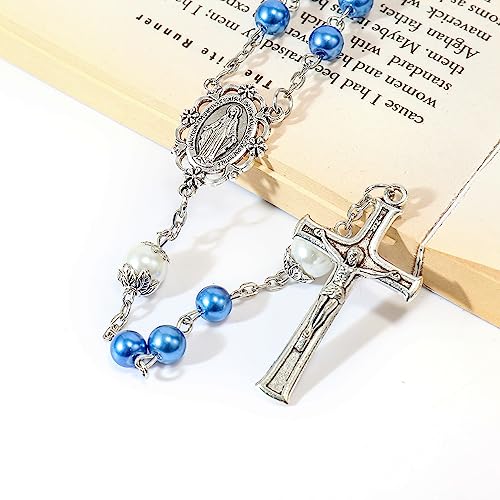 Nazareth Store Pearl Beads Rosary White Our Father Beaded Necklace Lourdes Medal & Cross Crucifix Spiritual Devotion - color: Blue