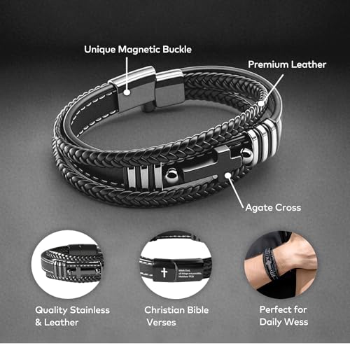 Men's Leather Faith Cross Bracelets, Multi-Layer Braided Leather Wristband Bangle, Jesus Catholic Christian Religious Jewelry Gifts for Dad,Friends,Brother - style: Mattew 19:26