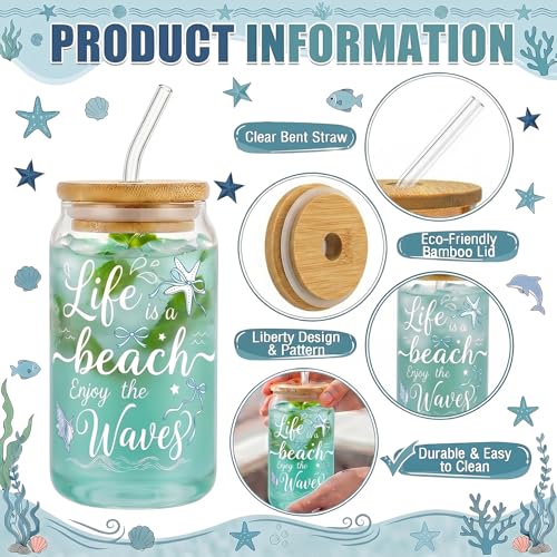 Glass Cups with Lids and Straws, 4Pack, 16oz, Seashell Ocean - color: Beach & Coastal