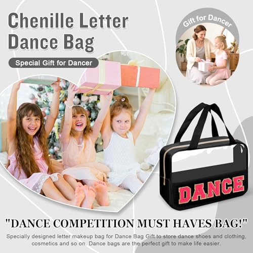 Dance Bag for Girls Chenille Letter Clear Makeup DANCE Stuff Bag,Toddler Dance Recital Gifts Ballet Cosmetic Zipper with Handle,Dance Competition Must Haves Accessories Toiletry Storage(DANCE-Black) - color: DANCE-Black
