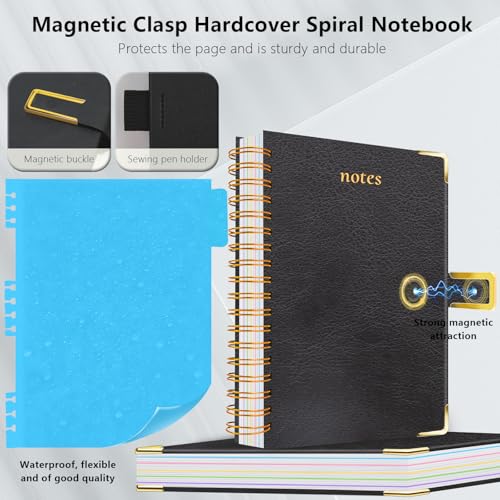 Hardcover Spiral Notebook College Ruled, 8"x10" Leather Journal Notebook with Magnetic Closure, 300 Pages 5 Subject Notebook with Dividers Tabs Journal for Women Men, Work, School(Black) - color: Black, size: B5-8"x10"