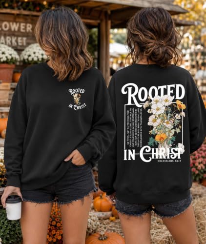Christian Sweatshirts For Women Rooted In Christ Shirts Jesus Bible Verse - color: Black-1, size: 3X-Large