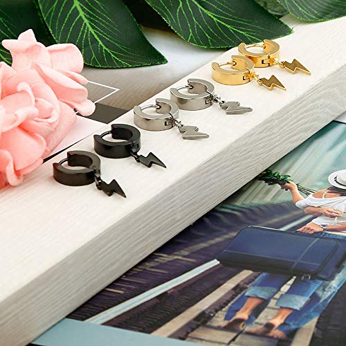 Unisex Punk Hip Hop Stainless Steel Silver Black Gold Tone Lock Thunder Lightning Bolt Dangle Huggie Hoop Earrings Gift for Women Men Boy Teens - color: Silver