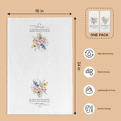 Christian Floral Kitchen Towels, Bible Verse Wildflower Decorative Tea and Dish Towels, Christian Gifts for Women Faith, Religious Decor Hand Towel for Bathroom, 16x24 Inch Set of 2