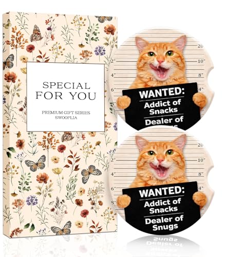 Swooflia 2 Pack Absorbent Ceramic Car Coasters for Women - color: Wanted Cat