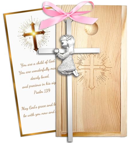Baptism Gifts for Boys & Girls,First Communion Gifts for Kids,Christening Baby Shower Party 6in Praying Cross (1pc Silver Girl with Wooden Box) - color: Pink