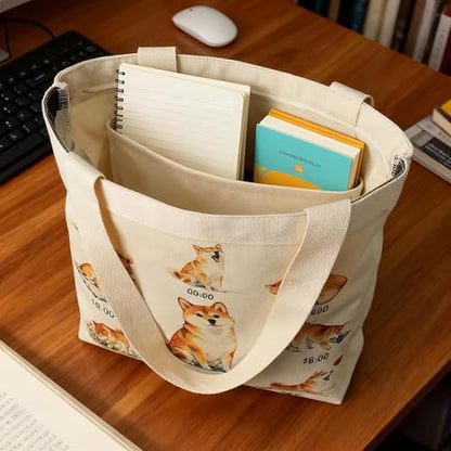 Large Tote Shopping Bag Cotton Canvas-Reusable grocery Bag with Zipper Aesthetic Reusable Shoulder Bag - style: Style-i