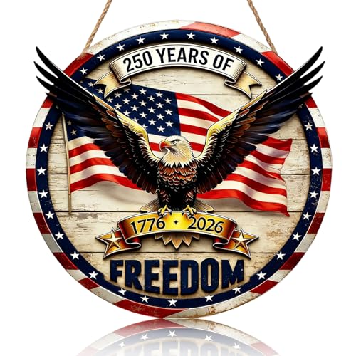 250th Anniversary USA Front Door Sign 4th of July Door Sign 3D America Eagle 1776-2026 Wreath Patriotic Independence Hanger Wooden Wall Decor 250 Years of Freedom Hanging Signs for Home Porch Outdoor Decor - color: ID3