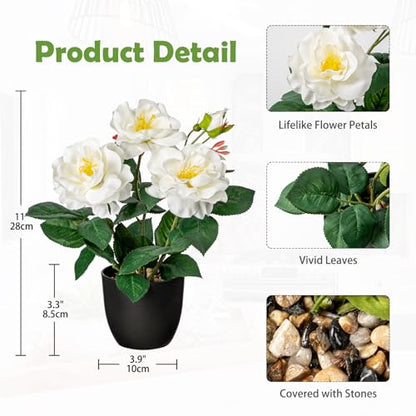 Hollyone Artificial Plants & Flowers with Vase White Roses Artificial Flowers Small Potted Plant Faux Silk Flower with Black Pot Fake Rose Flower Arrangement Office Shelf Desk Home Decor 11 Inch - color: Rose 2 - White (11inch)