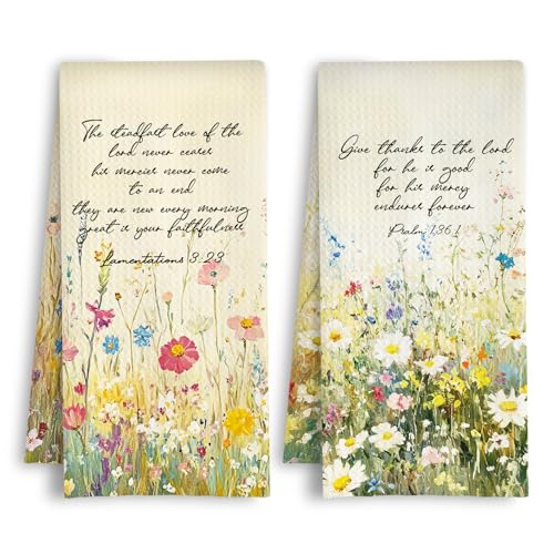 ArtisaEura Christian Wildflower Kitchen Towels, Religious Bible Verse Scripture Dish Tea Hand Towels for Kitchen Bathroom Decor, Christian Gifts for Women, 16x24 Inch Set of 2 - color: Lamentations 3:23 - Wild Flower