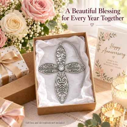 Anniversary Blessings Cross Ornament, Decorative Jeweled Cross Christmas Ornament, Religious for Couple, Husband, Wife, Parents or Grandparents, Christian Cross with Gems, 3.5 Inch