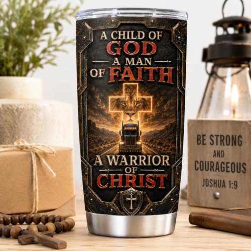 Personalized Christian Gifts For Men - A Child Of God Man Of Faith Warrior Christ Tumbler V2 - Faith Religious Bible For Dad, Husband, Grandpa on Fathers Day, Christmas, Birthday - color: CH-VAR-02