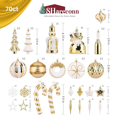 SHareconn 70pcs 2025 Classic Christmas Balls Ornaments Set, Shatterproof Plastic Baubles, Ribbon and Tree Topper for Xmas Tree Holiday Wedding Party Decorations with Hanging Strings, White and Gold - color: White and Gold