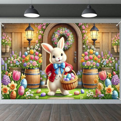 IVN Easter Bunny Banner 71x43 Inch Spring Egg Basket Flowers Front Door - color: Easter Bunny Front Door Spring Floral