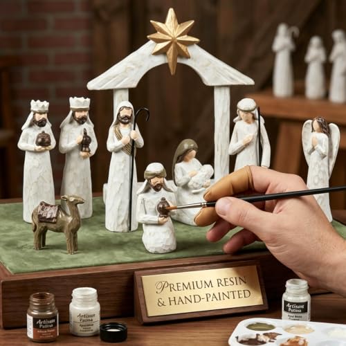 AOMOONOA White Nativity Set, Resin Small Christmas Nativity Figurine - color: Classic White