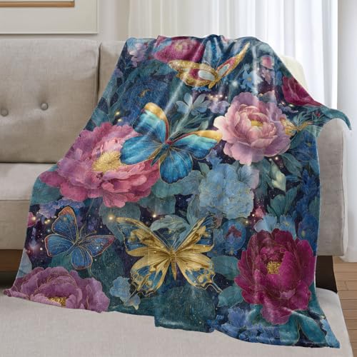 Butterfly Flannel Blanket Gifts for Nature Lover,60x50inch,Elegant Night Garden Throw Blankets with Blooming Flower and Insect,for Bedroom,Living Room,Camping Fantasy Home Decor Throws - color: Floral 02, size: 60x50 Inch