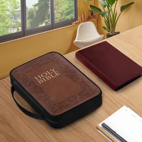 HOLY Bible Pattern Bible Cover for Men Women,Brown Carrying Book Case Church Bag with Handle - color: Holy Bible-brown
