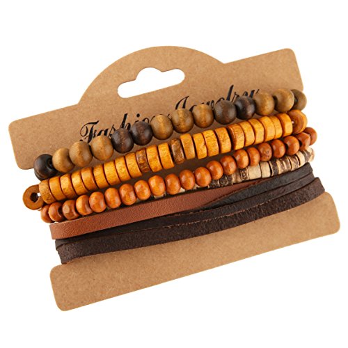 HZMAN Handmade Hemp Cords Wood Beads Leather Bracelets for Men Women - style: Coconut shell 5 Mix