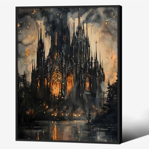 Gothic Victorian Castle Wall Art Vintage Dark Academia Oil Painting Poster 08x10 inch Black Framed Retro Mid Century Goth Vampire Forest Canvas Prints for Living Room Bedroom Wall Decor - color: Black-bframed, size: 10L" x 8W"