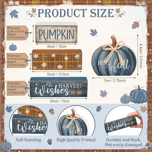 Lineshading 4 Pcs Blue Pumpkin Wooden Block Signs Fall Farmhouse Decor - style: Blue Pumpkin