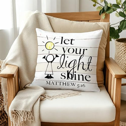 Bible Verse Pillow Covers 18x18, Inspirational Let Your Light Shine Decorative Throw Pillow Covers for Garden Yard Living Room Farmhouse Coffee Bar Office Decor