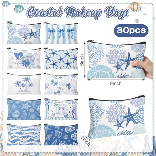 30 Pcs Coastal Makeup Bags Blue Bow Seashell Makeup Bag Ocean Themed Cosmetic Bags Bulk Portable Travel Toiletry Pouches Beach Gifs for Women Nautical Party Favors Beach Accessories - style: Ocean