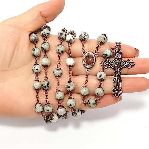 Nazareth Store Natural Stone Beads 8mm Rosary Necklace Antique Copper Design Holy Soil Medal & Cross in Velvet Bag - Catholic Rosaries Terra Santa Jerusalem Collection - color: Dalmatian Jasper