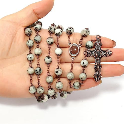 Nazareth Store Natural Stone Beads 8mm Rosary Necklace Antique Copper Design Holy Soil Medal & Cross in Velvet Bag - Catholic Rosaries Terra Santa Jerusalem Collection - color: Dalmatian Jasper