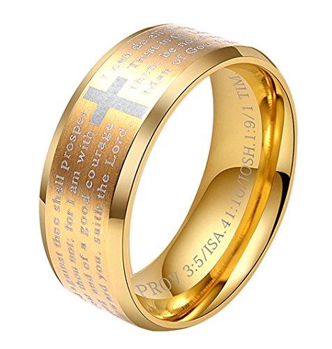 Men's Stainless Steel Bible Verse Christian Lord's Prayer Cross Ring Wedding Bands Engraved Praying - color: Gold