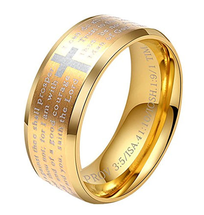 Men's Stainless Steel Bible Verse Christian Lord's Prayer Cross Ring Wedding Bands Engraved Praying - color: Gold
