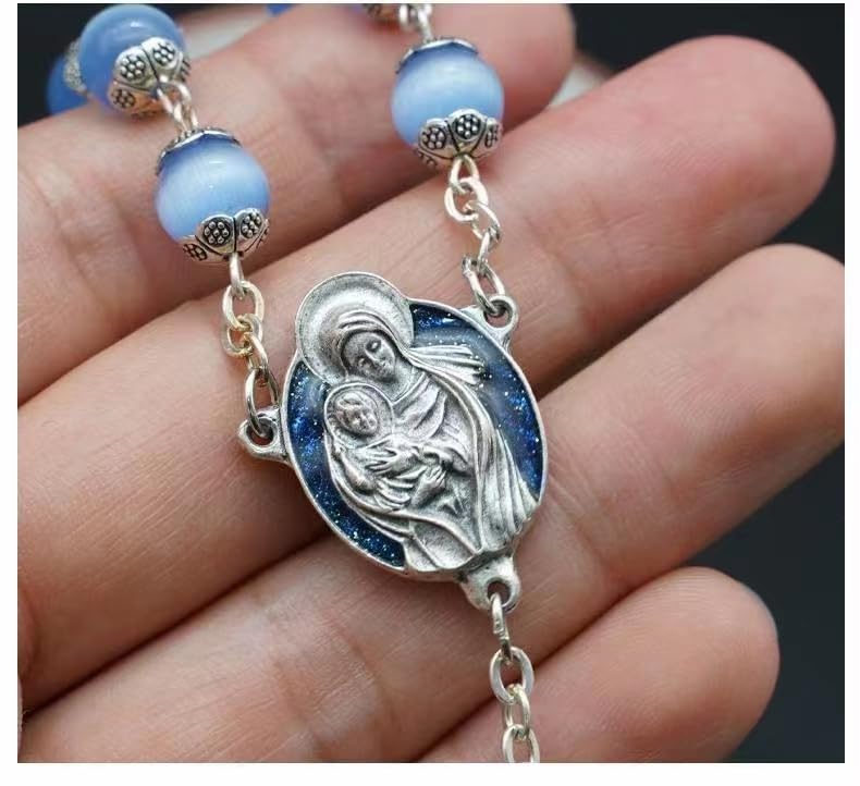 Rosary Beads Catholic for Woman - Italy 8-9mm AAA+ Natural Blue Cat Eyes Gemstone Rosary Beads.