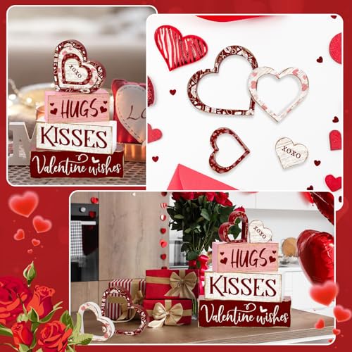 Britimes Tiered Tray Decor Set, 4 Pack, Wooden Table Sign, Red Valentine - style: Hug Kisses