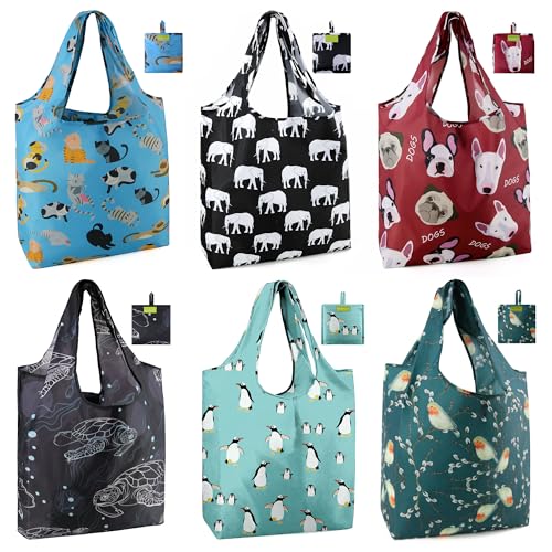 BeeGreen Animal Reusable Shopping Bags Cute Grocery Bag 6 Pack, Christmas Gift Bags Heavy-Duty Foldable Shopping Totes for Supermarket, Work & Travel, Large Washable Polyester Tote Bag with Handles - color: Blue, black, red, lake blue, green