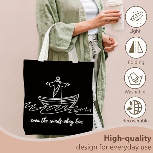 kunlisa Christian Tote Bag for Women, Christian Gifts for Women Faith Canvas Tote Bag - color: Even the Winds Obey Him