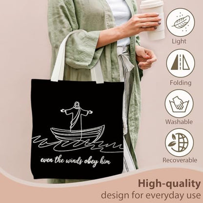 kunlisa Christian Tote Bag for Women, Christian Gifts for Women Faith Canvas Tote Bag - color: Even the Winds Obey Him