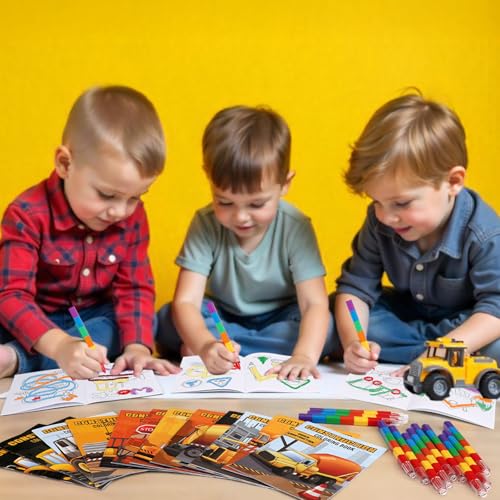 BenLouis 24 Construction Mini Coloring Books with 24 Crayons for Kids Bulk - style: Construction