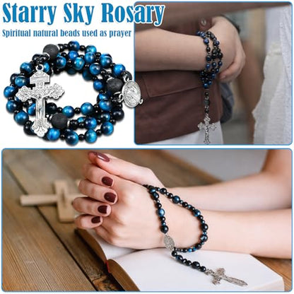 Huwena Rosary Beads Catholic for Men Blue Necklace Tiger Eye Beads with Medal Cross Prayer Crucifix Handmade Gift Supplies for Men Women 20.87 in Our Lady of Grace Rosary Cross Necklace Catholic Gifts