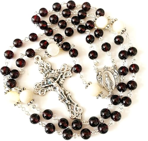 elegantmedical handmade Garnet Gemstone Beads Our Lady of GRACE 5 DECADE ROSARY Cross necklace