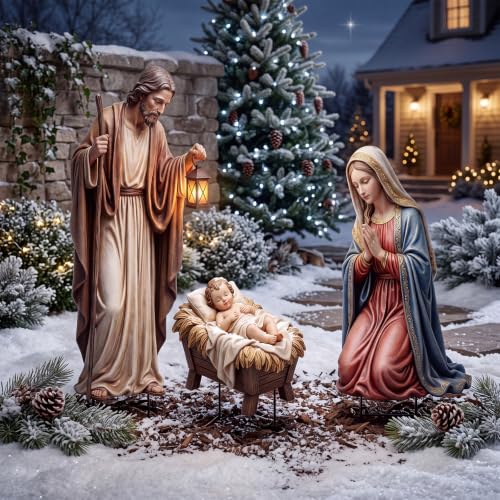 Shimeyao 3 Pcs Metal Christmas Outdoor Nativity Scene Set 49.2 Inch Large Christmas Holy Family Nativity Scene Decorations Includes Stakes Jesus Joseph Mary for Front Door Garden Home Patio Outside - style: Nativity Scene