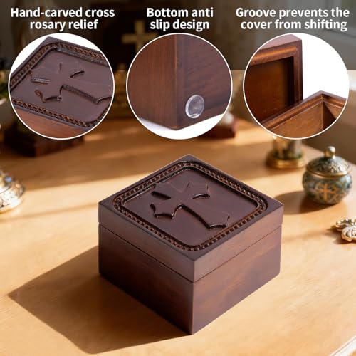 Wooden Cross Prayer Keepsake Box of Christian, Rosary Box for Religious Jewelry, Hand-Carved Catholic Rosary Holder Boxes Gifts for Women & Men, Baptism Communion Memorial Sympathy Gifts, No Card