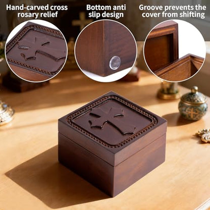 Wooden Cross Prayer Keepsake Box of Christian, Rosary Box for Religious Jewelry, Hand-Carved Catholic Rosary Holder Boxes Gifts for Women & Men, Baptism Communion Memorial Sympathy Gifts, No Card