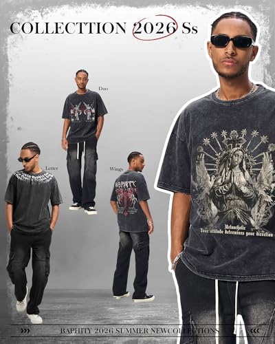 BAPHITY Mens Streetwear Crew Neck Cotton Graphic T Shirt - color: Black Faith, size: X-Large