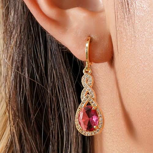 18K Gold Plated, Dangle Earrings for Women, Flower/Heart Drop earrings, Hypoallergenic Cubic Zirconia Earrings, Lightweight, Party, gold earrings, Jewelry for Gifts, Fashion - style: 0470-Red
