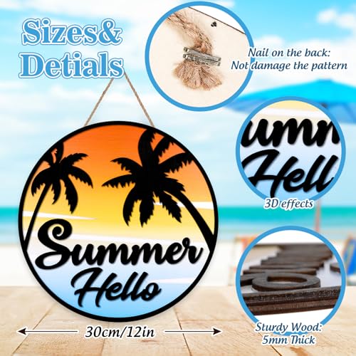 JarThenaAMCS Hello Summer Welcome Door Sign 3D Hawaiian Coconut Tree Seaside Sunset Front Door Hanger for Summer Pool Farmhouse Home Porch Window Decor - style: Summer Sunset