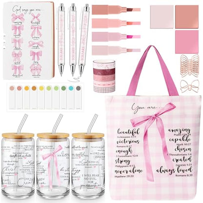Singhoow 29 Pcs Bible Study Supplies Journaling Kit for Women - color: Bow, style: Pink
