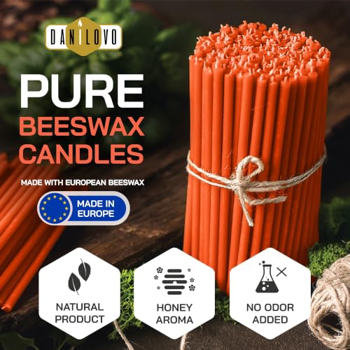 Danilovo Thin Taper Beeswax Candles - Honey-Scented, Decorative Candles Ideal for Birthday Decoration or Church Prayers - Orange Drip Free, Tall & Smokeless Pack of 50 pcs, 7.3 x 0.24 inch - color: Orange
